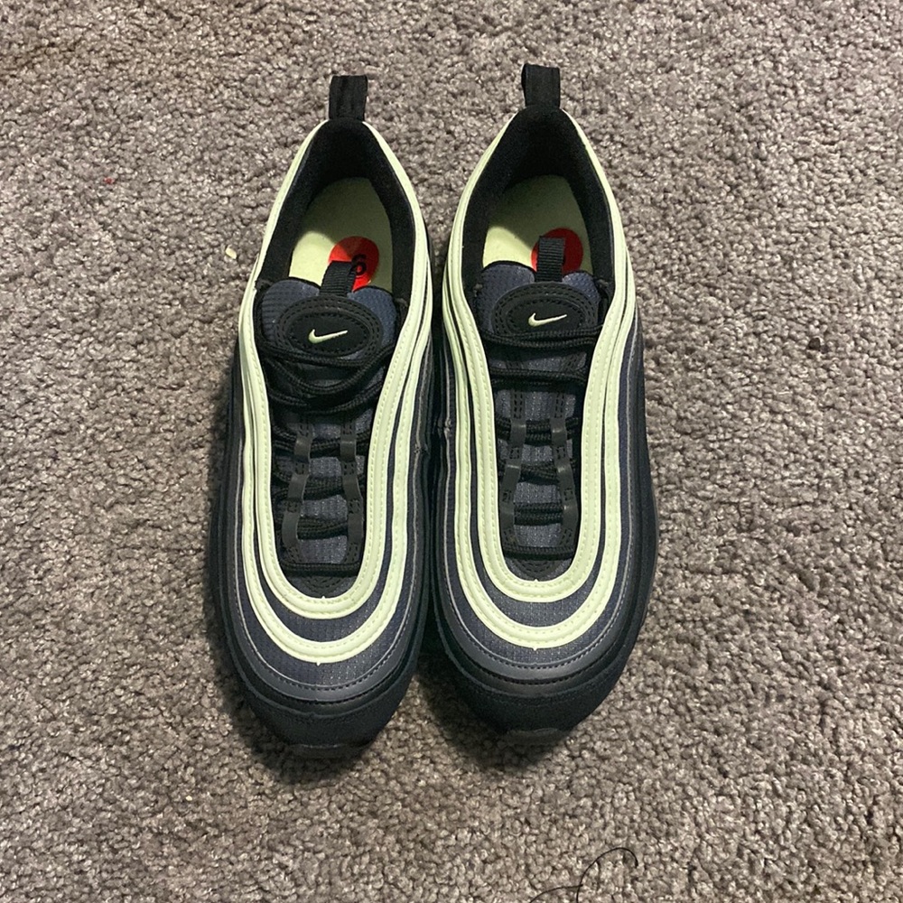 Airmax’s 97 the brand is Nike size 6 the color is gray ,black and lime green